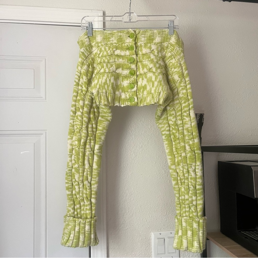 Cult Gaia x BRATZ green chunky cable knit off shoulder cropped cardigan sweater